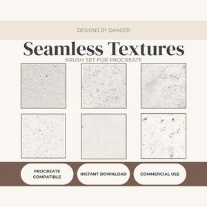 May include: An image showcasing a digital brush set for Procreate, offering six seamless textures. The text displays "Seamless Textures" and "Designs by Dancer." Additional text includes "Procreate Compatible," "Instant Download," and "Commercial Use."