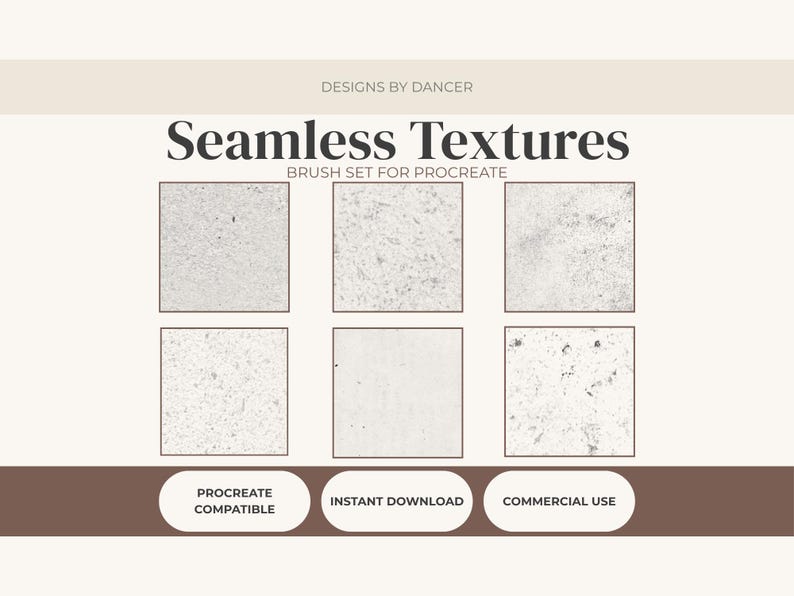 Puede incluir: Imagen de un producto digital que presenta un conjunto de pinceles para Procreate con seis texturas sin costuras. El texto dice "Seamless Textures" y "Designs by Dancer". El texto adicional incluye "Procreate Compatible", "Descarga instant&aacute;nea" y "Uso comercial".