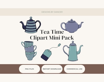Conjunto de imágenes prediseñadas PNG de tetera y taza de té / 5 ilustraciones digitales para fiestas de té / Imágenes prediseñadas de cocina de descarga instantánea