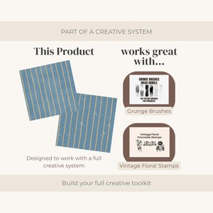 Puede incluir: Elementos de dise&ntilde;o gr&aacute;fico azules y beige con rayas verticales, presentados como parte de un sistema creativo. La imagen tambi&eacute;n presenta gr&aacute;ficos "Grunge Brushes" y "Vintage Floral Stamps", dise&ntilde;ados para funcionar juntos. El texto incluye "This Product" y "Build your full creative toolkit."