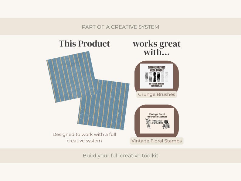 Puede incluir: Elementos de dise&ntilde;o gr&aacute;fico azules y beige con rayas verticales, presentados como parte de un sistema creativo. La imagen tambi&eacute;n presenta gr&aacute;ficos "Grunge Brushes" y "Vintage Floral Stamps", dise&ntilde;ados para funcionar juntos. El texto incluye "This Product" y "Build your full creative toolkit."