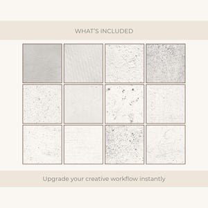 Puede incluir: Una cuadr&iacute;cula de doce cuadrados texturizados en tonos grises y blancos, con el texto "WHAT'S INCLUDED" en la parte superior. Debajo, el texto dice "Upgrade your creative workflow instantly".