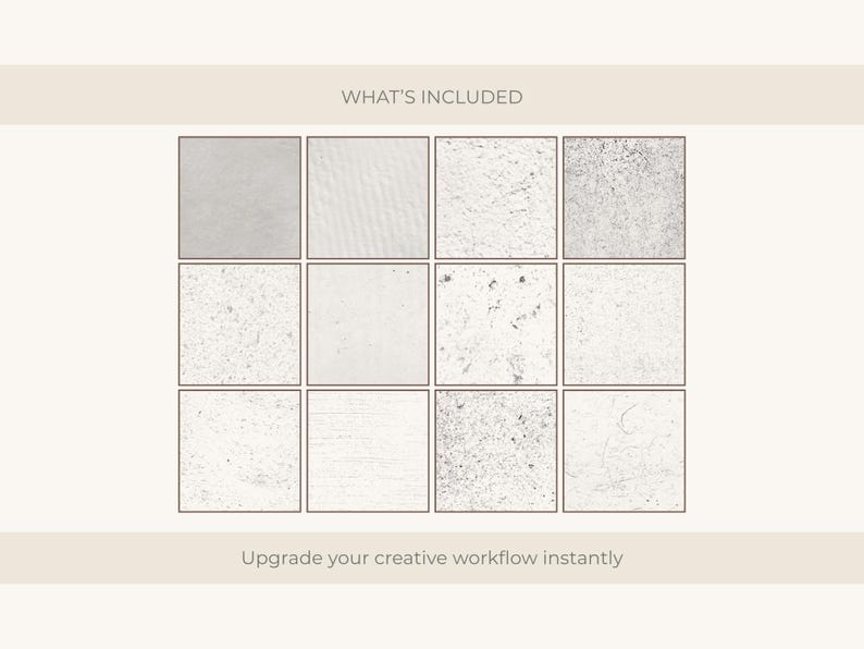 Puede incluir: Una cuadr&iacute;cula de doce cuadrados texturizados en tonos grises y blancos, con el texto "WHAT'S INCLUDED" en la parte superior. Debajo, el texto dice "Upgrade your creative workflow instantly".