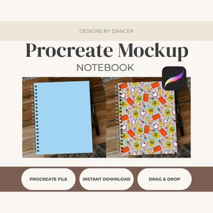 May include: A digital Procreate mockup featuring two spiral-bound notebooks. One notebook has a solid light blue cover, while the other displays a colorful pattern of school supplies like apples, pencils, and books. Text includes Procreate Mockup.