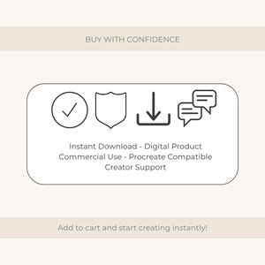 Puede incluir: Gr&aacute;fico con el texto &laquo;COMPRA CON CONFIANZA&raquo; en la parte superior. Debajo, un rect&aacute;ngulo blanco redondeado con iconos y texto: &laquo;Descarga instant&aacute;nea - Producto digital Uso comercial - Compatible con Procreate Soporte para creadores&raquo;. El texto inferior dice &laquo;&iexcl;A&ntilde;adir al carrito y empezar a crear al instante!&raquo;