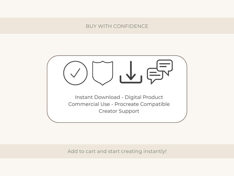 Puede incluir: Gr&aacute;fico con el texto &laquo;COMPRA CON CONFIANZA&raquo; en la parte superior. Debajo, un rect&aacute;ngulo blanco redondeado con iconos y texto: &laquo;Descarga instant&aacute;nea - Producto digital Uso comercial - Compatible con Procreate Soporte para creadores&raquo;. El texto inferior dice &laquo;&iexcl;A&ntilde;adir al carrito y empezar a crear al instante!&raquo;