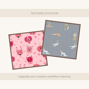 Puede incluir: Dos ilustraciones cuadradas con bordes marrones. Una presenta perros rosas y corazones sobre un fondo rosa. La otra muestra posturas de yoga sobre un fondo gris. El texto en la parte superior dice "TEXTURES IN ACTION" y en la parte inferior, "Upgrade your creative workflow instantly."