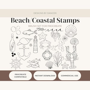 May include: Black and white line art illustrations of beach and coastal elements, including a lighthouse, anchor, starfish, seashells, and fish. Text reads "Beach/Coastal Stamps" and "Brush Set for Procreate".