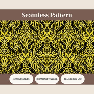 May include: Seamless pattern featuring a repeating design of black salamanders with white spots and floral elements on a yellow background. The words "Seamless Pattern" are at the top. The bottom has the words "Seamless Tiles", "Instant Download", and "Commercial Use".