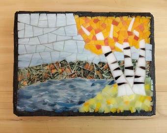 Birch Trees by the Lake stained glass mosaic