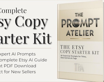 以下が含まれることがあります： 「Etsy Copy Starter Kit」というタイトルの本で、表紙には「The Prompt Atelier」と書かれています。この本にはプロンプト、ガイドが含まれており、PDFですぐにダウンロードできます。本はクリーム色で、黒い文字で書かれています。