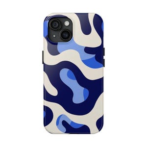 May include: A smartphone case with a navy blue, light blue, and off-white abstract pattern. The case has a glossy finish and a camera cutout on the upper left corner. The design features flowing, organic shapes.