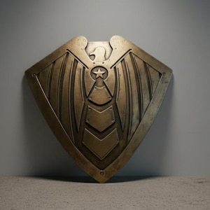 Pode incluir: Um escudo de cor bronze com um desenho de &aacute;guia. O escudo tem formato de diamante com uma estrela central e detalhes de asas. &Eacute; exibido em um fundo cinza.
