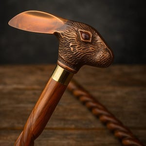 Pode incluir: Bengala decorativa com uma pega em forma de cabeça de coelho. A pega é de cor bronze com textura detalhada, e o eixo é de madeira escura com um design torcido. Uma faixa dourada adorna a pega.