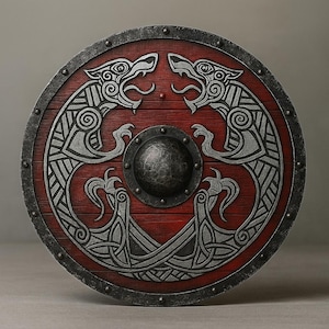 Peut inclure: Un bouclier rond en bois avec un fond rouge et un motif viking argenté stylisé. Le motif présente deux créatures symétriques en forme de dragon et un bateau. Le bouclier a un bord en métal et un bossage central texturé.