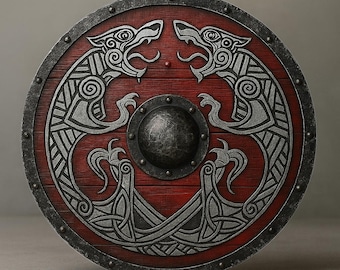 Escudo Viking Vermelho Feito à Mão: Design de Lobo Nórdico, Decoração Medieval