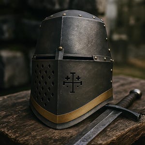 Op de afbeelding: Een donkergrijze metalen helm met een gouden band en klinknagels, met een kruisembleem op de voorkant. Een zwaard met een zwarte handgreep ligt naast de helm op een houten oppervlak. De helm heeft een vizier met ruitvormige uitsparingen.