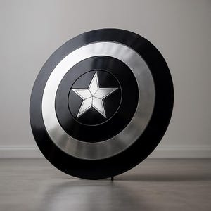 May include: A black and silver shield with a white star in the center. The shield has a circular design with concentric rings of black and silver. The star is a five-pointed design. The shield is a prop or collectible.