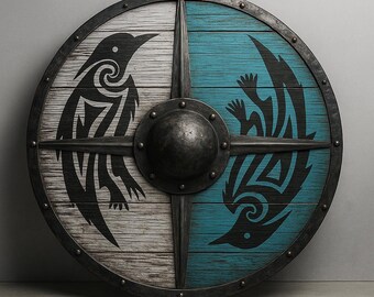 Handmade Viking Raven Shield | Blue & White Norse Decor