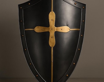 Handcrafted Medieval Shield with Brass Cross | Vintage Knight Armor Decor