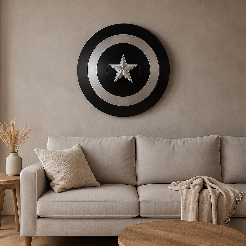 May include: A large, round shield with a black, silver, and white design, featuring a central star emblem. The shield is mounted on a neutral-toned wall above a beige sofa, creating a decorative accent.