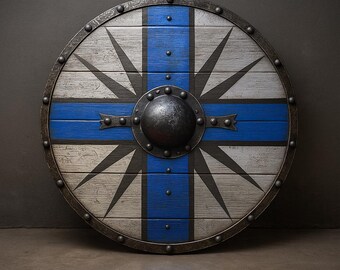 Handcrafted Viking Shield: Blue Nordic Cross, Cosplay Prop