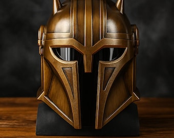 Handcrafted Gold Mandalorian-Style Helmet | Spiked Warrior Armor Replica | Cosplay & Display Collectible
