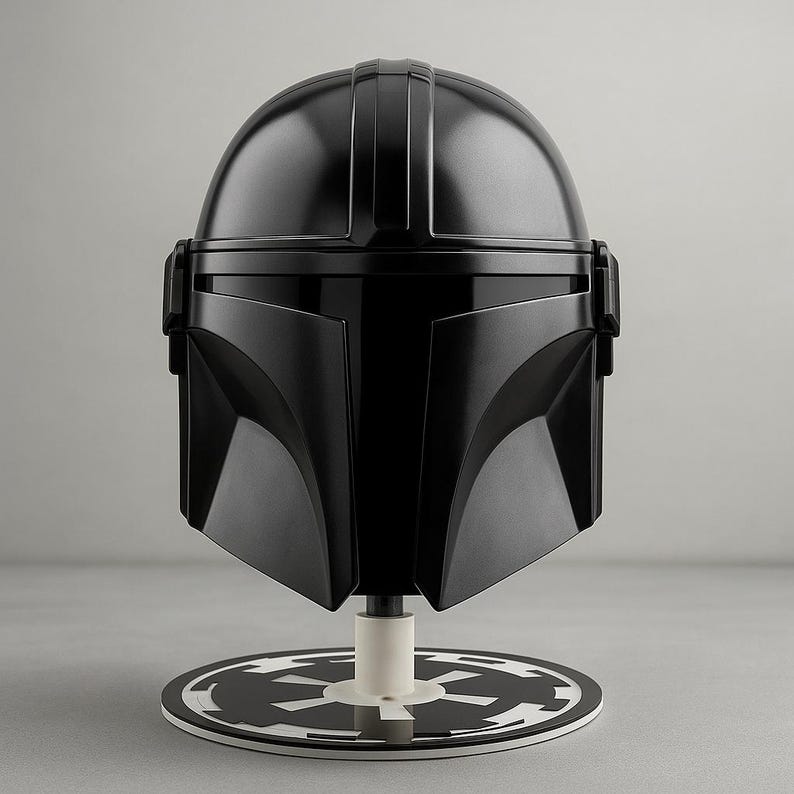 May include: A black Mandalorian helmet, a replica from the Star Wars franchise, is presented on a white stand with a black and white circular base. The helmet has a distinctive T-shaped visor and angular design, showcasing a sleek, futuristic aesthetic.