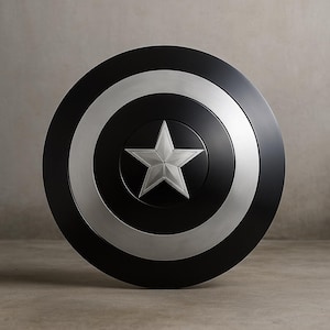May include: A black and silver shield with a central silver star. The shield has a circular design with a black center, a silver band, and a black outer ring. The star is a five-pointed design.