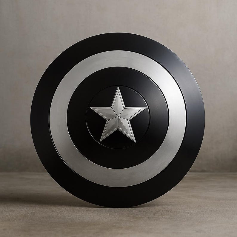 May include: A black and silver shield with a central silver star. The shield has a circular design with a black center, a silver band, and a black outer ring. The star is a five-pointed design.