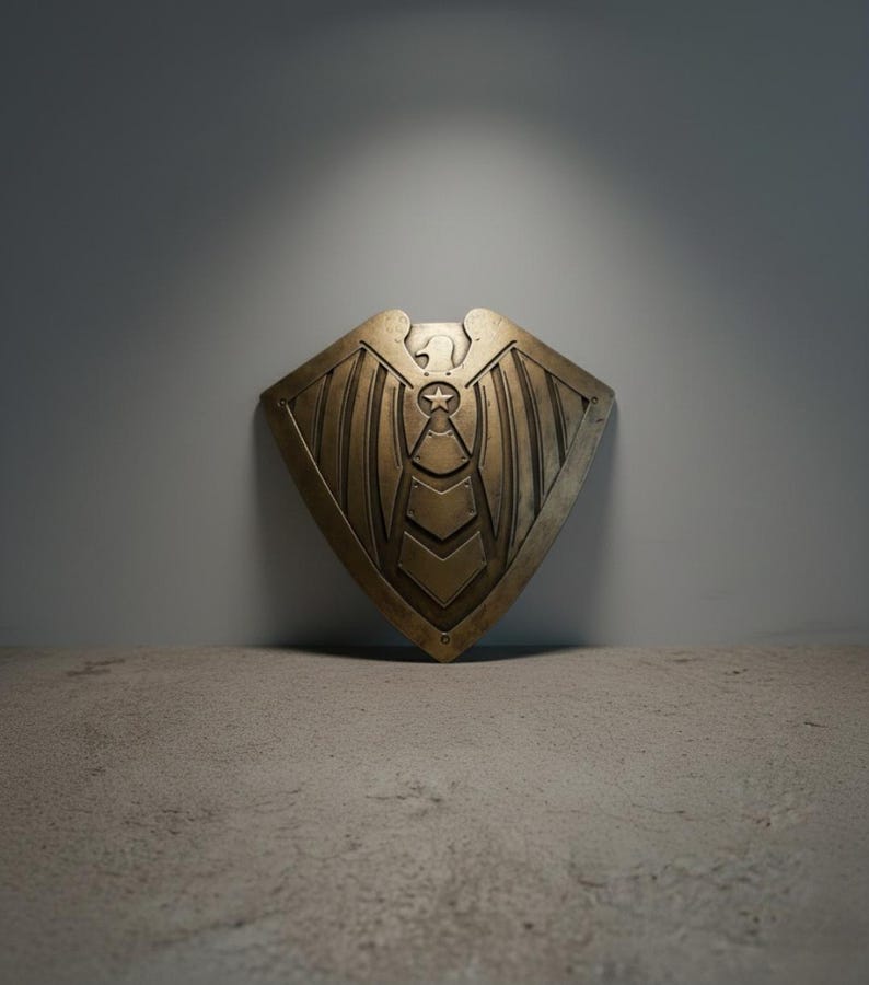 Pode incluir: Um escudo de cor bronze com um desenho de &aacute;guia. O escudo tem formato de diamante com uma estrela central e detalhes de asas. &Eacute; exibido em um fundo cinza.