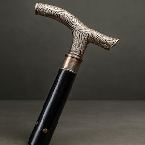 Elegant Handcrafted Walking Cane with Silver Handle & Intricate Gold Inlays