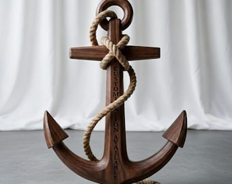 May include: A wooden anchor with a dark brown finish, featuring a rope wrapped around it. The anchor has the text "CUSTOMIZATION AVAILABLE" engraved on the vertical beam. The anchor is a nautical decorative item.