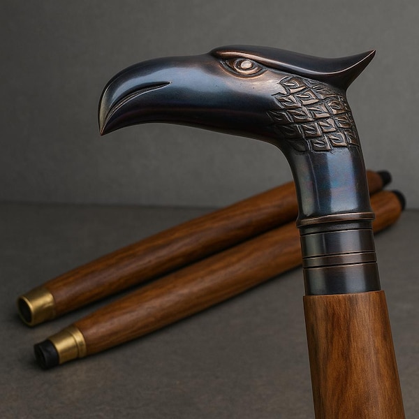 Vintage Eagle Head Walking Cane - Brass Handle, Inlay Leaf Pattern
