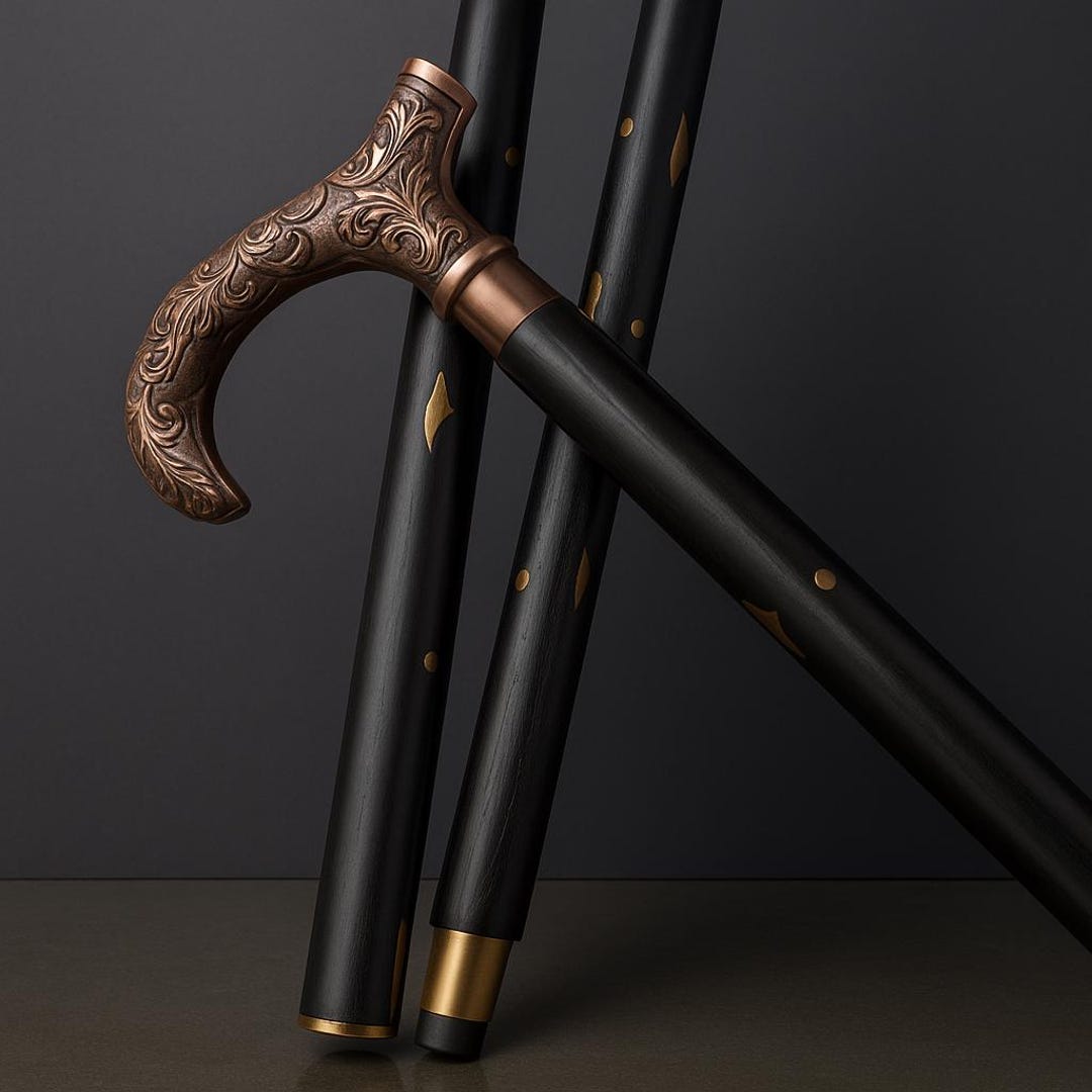 Ornate Copper Handle Walking Cane: Victorian Style Ebony Wood Stick ...