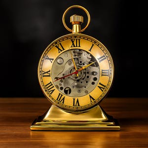 May include: A gold-colored, open-faced clock with Roman numerals and visible gears. The clock has a round face and a rectangular base. The clock's hands are red and gold. The clock is a decorative item.