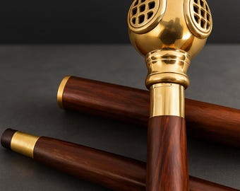 Vintage Brass Scuba Cane with Elegant Wood Handle
