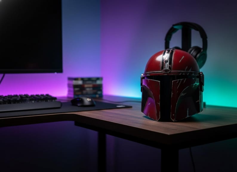 May include: A red and silver Mandalorian helmet sits on a wooden desk. The helmet is the focal point, with a black computer monitor, keyboard, and mouse in the background. A pair of black headphones rests on a stand behind the helmet.