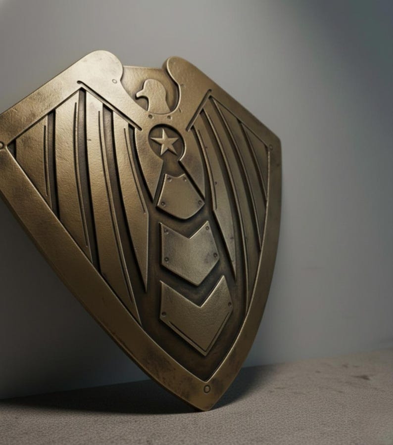 Pode incluir: Um escudo de cor bronze com um emblema de &aacute;guia e uma estrela. O escudo tem um design detalhado com padr&otilde;es de asas e formas geom&eacute;tricas. O escudo est&aacute; inclinado, mostrando seu artesanato intrincado e acabamento met&aacute;lico.