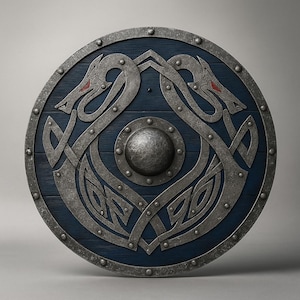 Puede incluir: Escudo redondo de estilo vikingo, con una superficie de madera azul oscuro y un diseño metálico detallado. El diseño metálico presenta dos figuras estilizadas de dragones con detalles rojos, remachado al borde del escudo.