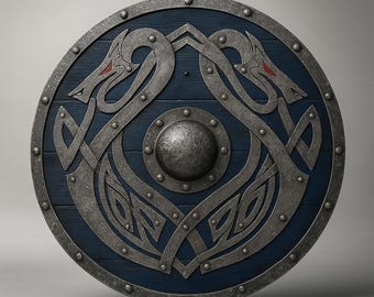 Escudo Viking Intrincado - Design Nórdico Medieval - Escudo Redondo de Madeira Azul Artesanal com Dragões
