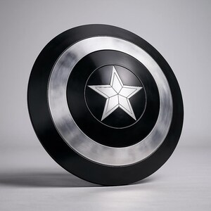 May include: A black and silver shield with a white star in the center. The shield has a circular design with a silver ring around the center star and a black outer ring. The shield is a prop or collectible.