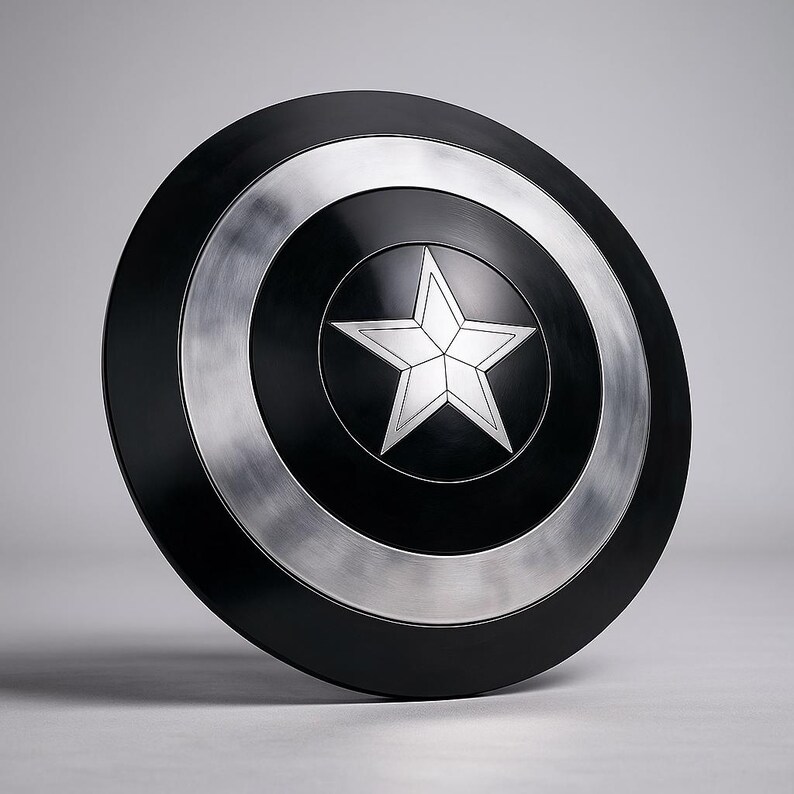 May include: A black and silver shield with a white star in the center. The shield has a circular design with a silver ring around the center star and a black outer ring. The shield is a prop or collectible.