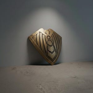 Pode incluir: Um escudo de cor bronze com um desenho de &aacute;guia e um emblema de estrela. O escudo, com uma base pontiaguda, est&aacute; encostado a uma parede cinza. As asas da &aacute;guia est&atilde;o abertas e o escudo tem uma superf&iacute;cie texturizada.