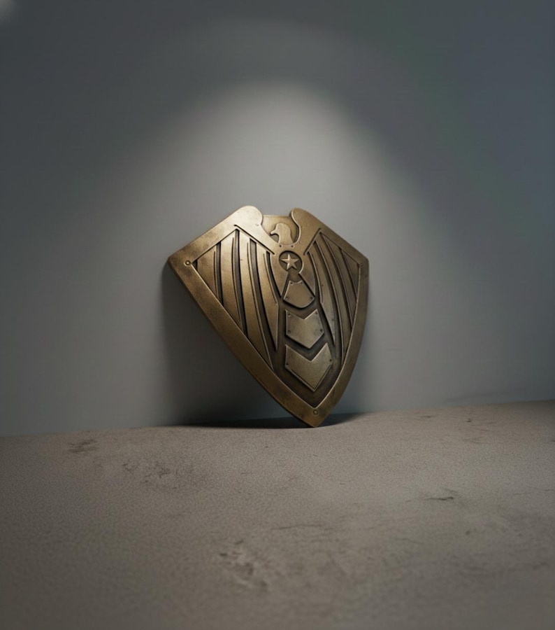 Pode incluir: Um escudo de cor bronze com um desenho de &aacute;guia e um emblema de estrela. O escudo, com uma base pontiaguda, est&aacute; encostado a uma parede cinza. As asas da &aacute;guia est&atilde;o abertas e o escudo tem uma superf&iacute;cie texturizada.