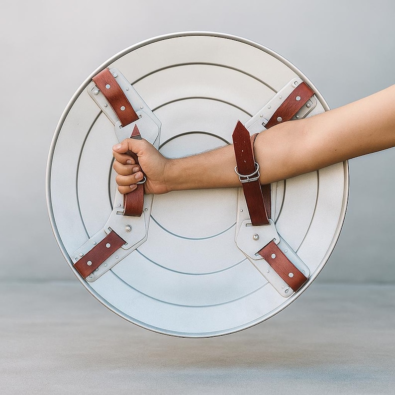 May include: A silver-colored, circular shield with concentric rings and a star-shaped design. The shield has brown leather straps and a handle for gripping. The shield is held by a person's arm.