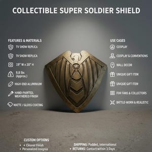 Pode incluir: Um escudo de Super Soldado colecion&aacute;vel, uma r&eacute;plica de uma s&eacute;rie de TV, &eacute; pintado &agrave; m&atilde;o com um acabamento envelhecido. O escudo &eacute; feito de alum&iacute;nio de alta qualidade e mede 48 cm de largura x 51 cm de altura, pesando aproximadamente 4 kg. Possui um revestimento fosco/brilho e &eacute; adequado para cosplay e decora&ccedil;&atilde;o de parede.