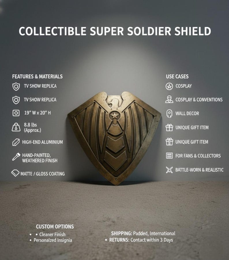 Pode incluir: Um escudo de Super Soldado colecion&aacute;vel, uma r&eacute;plica de uma s&eacute;rie de TV, &eacute; pintado &agrave; m&atilde;o com um acabamento envelhecido. O escudo &eacute; feito de alum&iacute;nio de alta qualidade e mede 48 cm de largura x 51 cm de altura, pesando aproximadamente 4 kg. Possui um revestimento fosco/brilho e &eacute; adequado para cosplay e decora&ccedil;&atilde;o de parede.