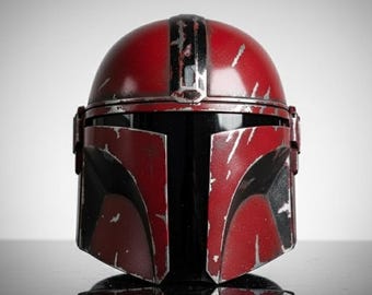 Handmade Damaged Red Mandalorian Helmet | Battle Worn Cosplay Prop