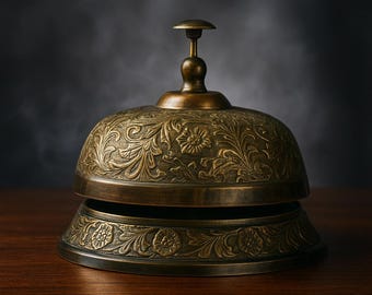 May include: An antique brass bell with intricate floral and leaf patterns. The bell has a dome shape with a small handle on top and sits on a matching base. The bell is displayed on a dark wooden surface against a dark background.
